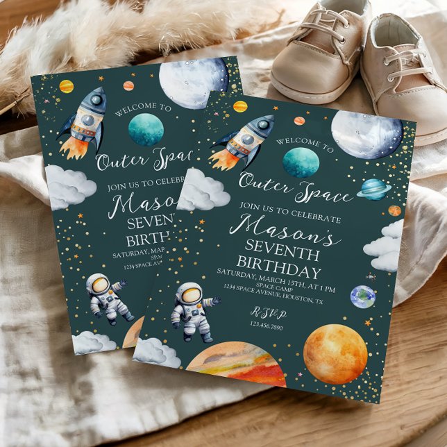 Invitation Fête d'anniversaire pour enfants avec fusée spatia (Créateur téléchargé)