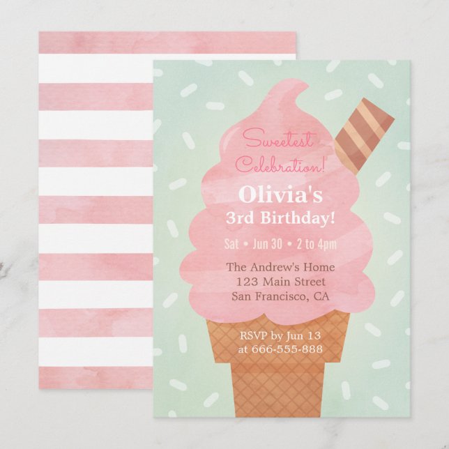 Invitation Fête d'anniversaire pour enfants avec glace rose à (Devant / Derrière)