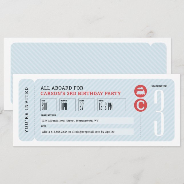 Invitation Fête d'anniversaire pour enfants billet de train (Devant / Derrière)