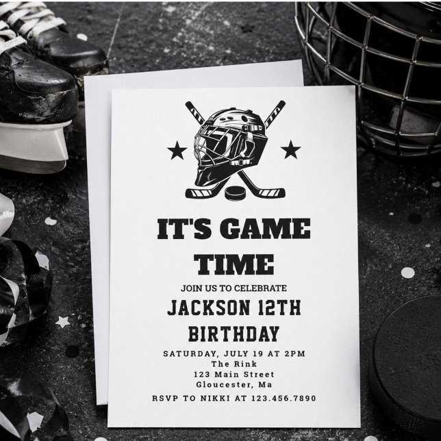 Invitation Fête d'anniversaire pour enfants sur le thème de h (Hockey black and White Themed Kids Birthday Party Invitation)