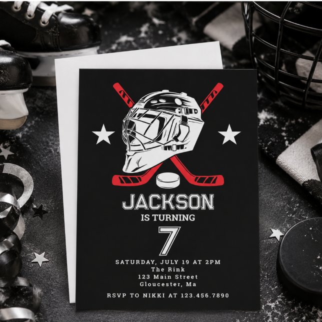 Invitation Fête d'anniversaire pour enfants sur le thème de h (Hockey black and White Themed Kids Birthday Party Invitation)