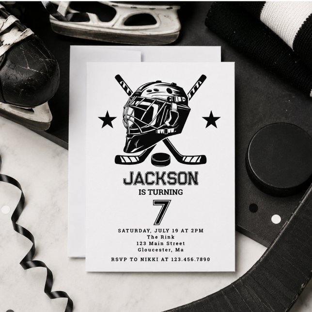 Invitation Fête d'anniversaire pour enfants sur le thème de h (Hockey black and White Themed Kids Birthday Party Invitation)