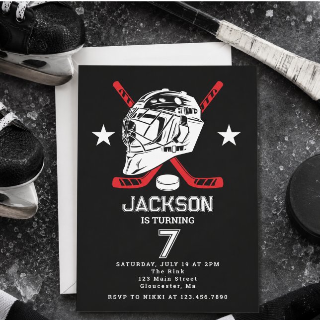 Invitation Fête d'anniversaire pour enfants sur le thème de h (Hockey black and White Themed Kids Birthday Party Invitation)