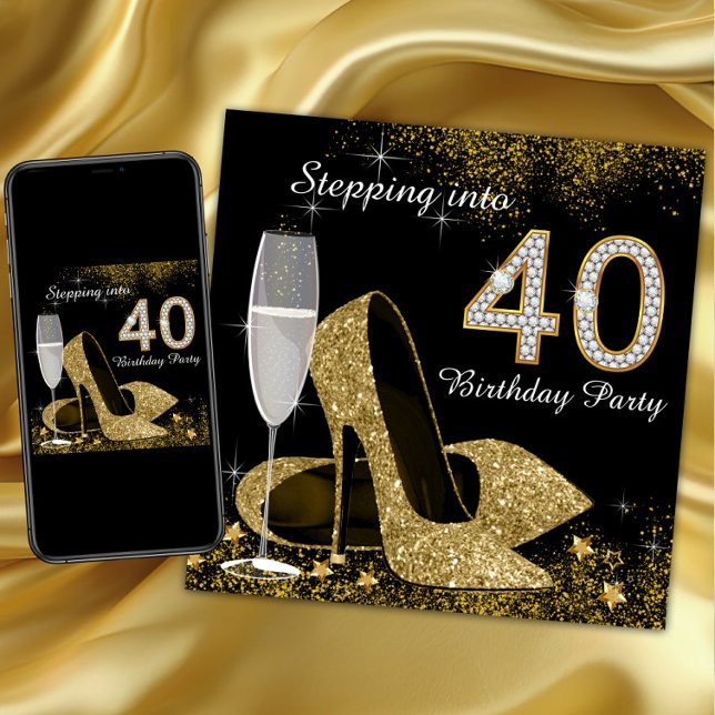 Invitation Fête d'anniversaire pour entrer dans la quarantain (Womans stepping into 40 birthday party invitation with gold high heel shoes and diamond 40.)