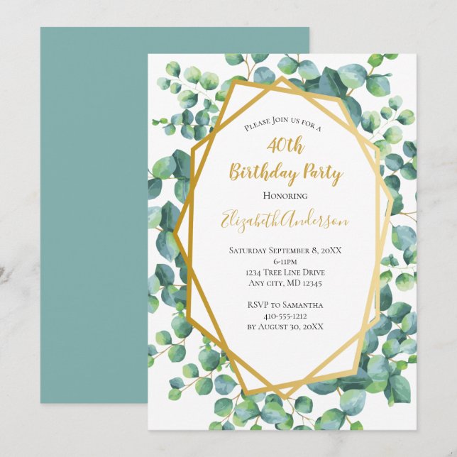 Invitation Fête d'anniversaire pour femmes avec verdure d'euc (Devant / Derrière)