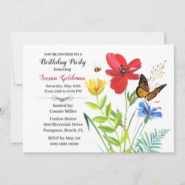 Invitation Fête d'anniversaire pour femmes conception de fleu (Devant)