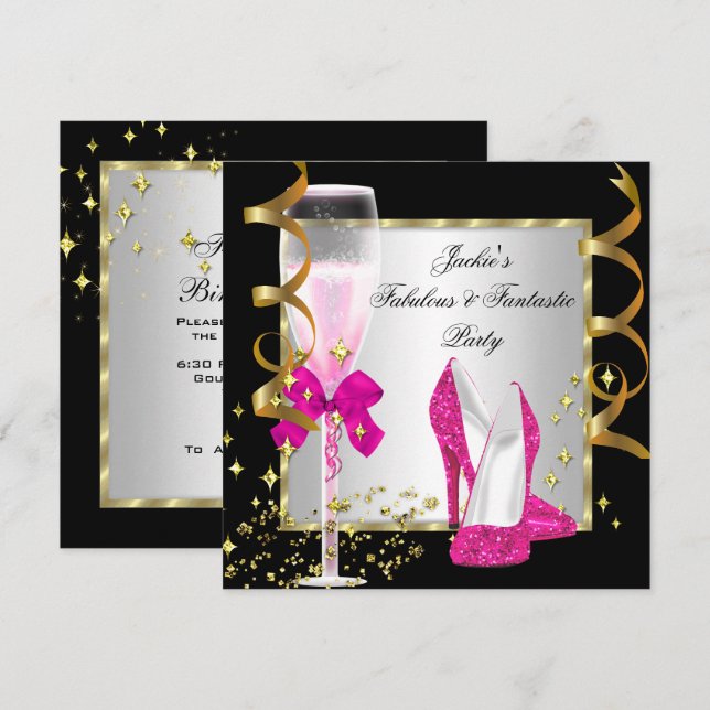 Invitation Fête d'anniversaire pour femmes Rose Chaud Noir Ar (Devant / Derrière)