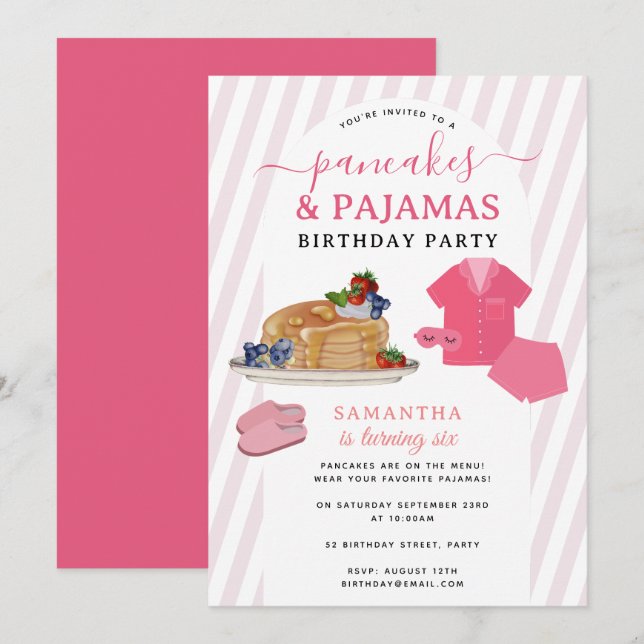 Invitation Fête d'anniversaire pour fille en pyjama avec des  (Devant / Derrière)