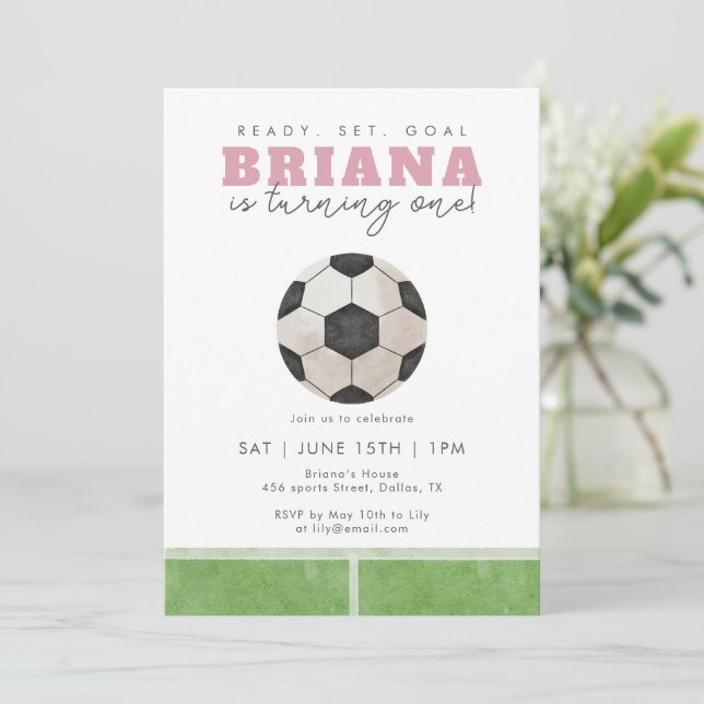 Invitation Fête d'anniversaire pour filles avec ballon de foo (Debout devant)