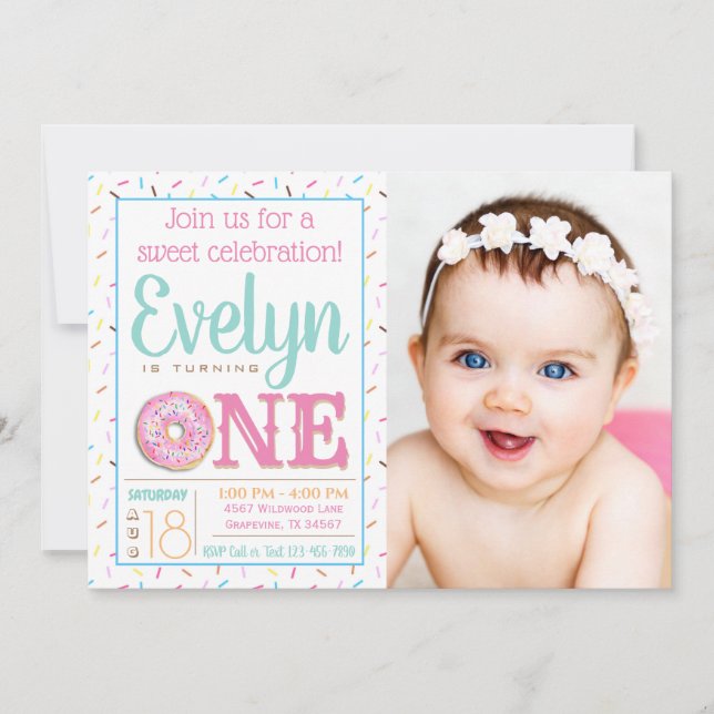 Invitation Fête d'anniversaire pour filles avec donut pour un (Devant)