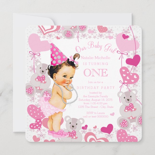 Invitation Fête d'anniversaire pour filles de 1 an Oursons co (Devant)