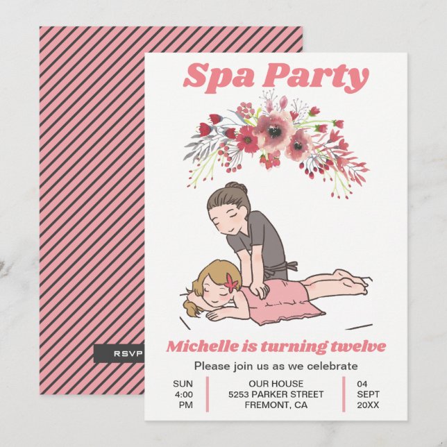 Invitation Fête d'anniversaire pour filles de spa floral mign (Devant / Derrière)