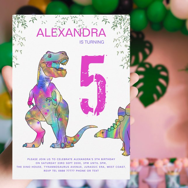 Invitation Fête d'anniversaire pour filles sur le thème des d (Girls pink dinosaur 5th birthday party invitation )