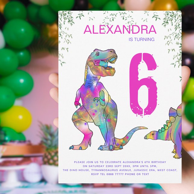 Invitation Fête d'anniversaire pour filles thème dinosaure 6  (Colorful dinosaur girls 6th birthday party invitation T-Rex and stegosaurus & bright pink typography)