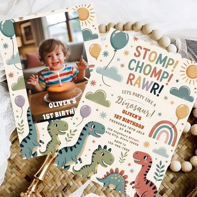 Invitation Fête d'anniversaire pour garçon 1 an Rawr Dinosaur (Créateur téléchargé)