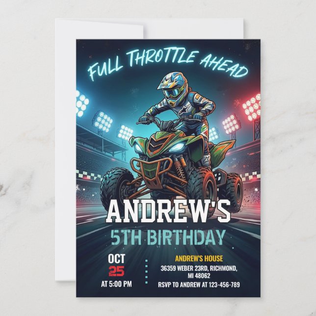 Invitation Fête d'anniversaire pour garçon avec un quad perso (Devant)
