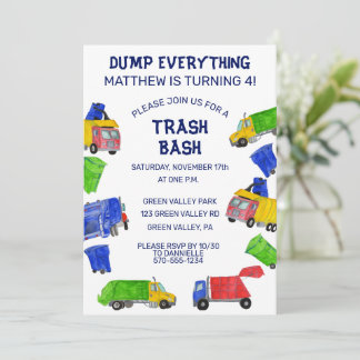 Invitation Fête d'anniversaire pour garçons avec camions à or