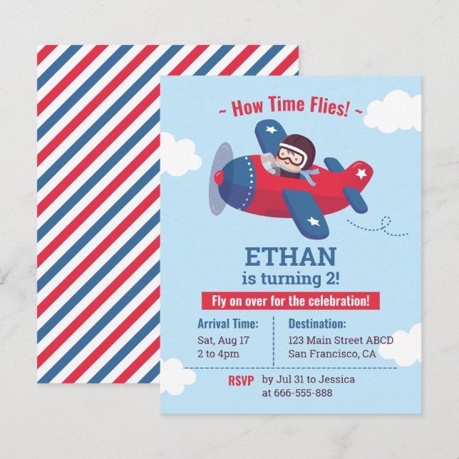 Invitation Fête d'anniversaire pour garçons avec un avion à h (Devant / Derrière)