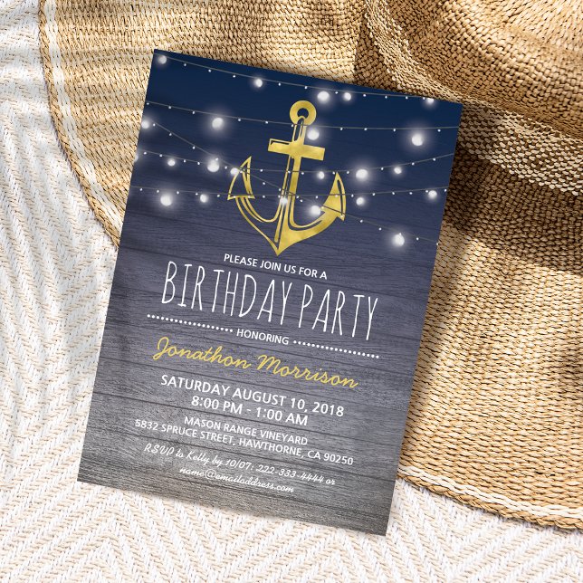 Invitation Fête d'anniversaire pour homme Bleu Nautique Or Ru (Créateur téléchargé)