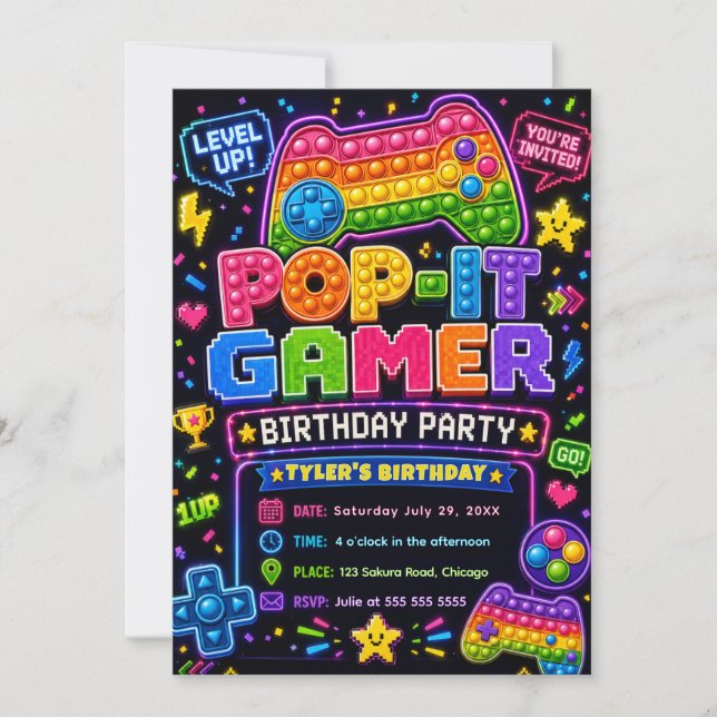Invitation Fête d'anniversaire pour joueur Pop It (Devant)