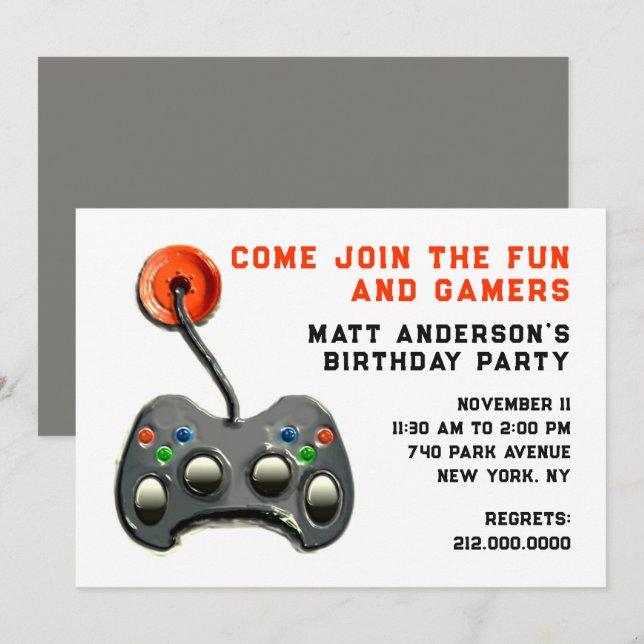 Invitation Fête d'anniversaire pour joueurs de jeux vidéo (Devant / Derrière)