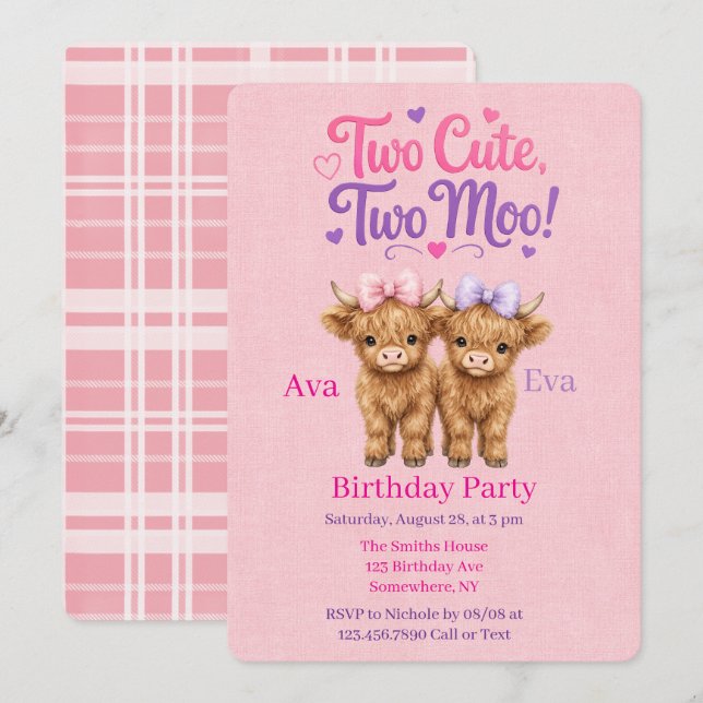 Invitation Fête d'anniversaire pour jumelles avec vaches High (Devant / Derrière)
