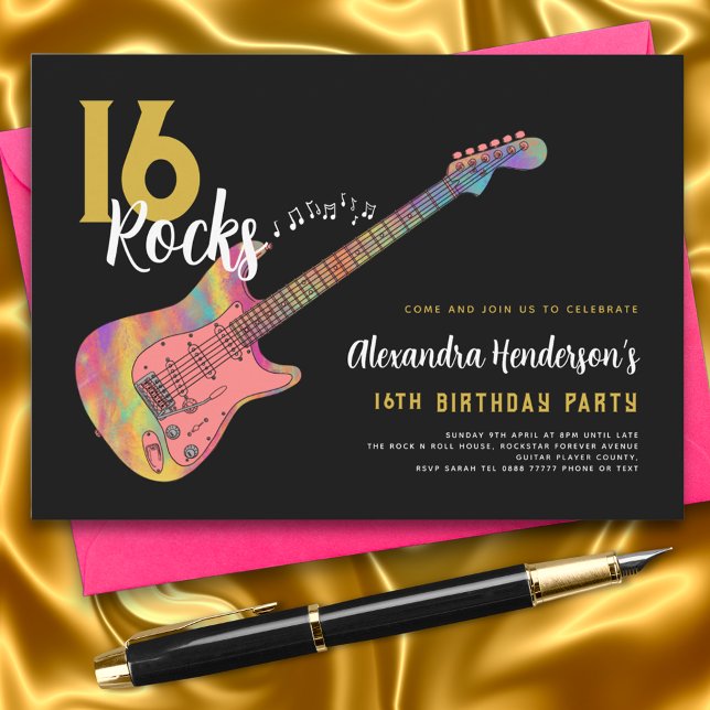 Invitation Fête d'anniversaire pour les 16 ans sur du Rock an (Rock and roll 16th birthday party black and gold invitation )