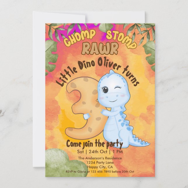 Invitation Fête d'anniversaire pour les 3 ans de Dinosaur Sto (Devant)