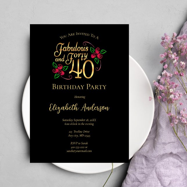 Invitation Fête d'anniversaire pour les 40 ans Noir et Or ave (Créateur téléchargé)