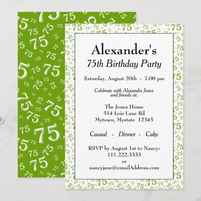 Invitation Fête d'anniversaire pour les 75 ans motif de numér (Devant / Derrière)