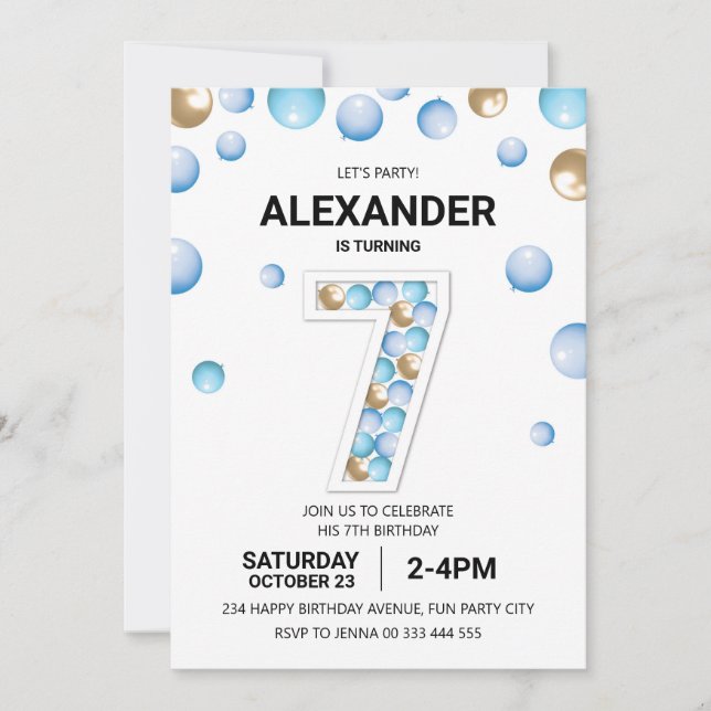 Invitation Fête d'anniversaire pour les 7 ans, garçon aux bal (Devant)
