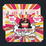 Invitation Fête d'anniversaire pour les filles Super Kids Pin<br><div class="desc">Invitation de fête d'anniversaire à thème pour héros de bande dessinée en couleurs vives et audacieuses de rose,  orange et jaune avec texte personnalisé sur le devant de la carte pour une touche personnelle.</div>