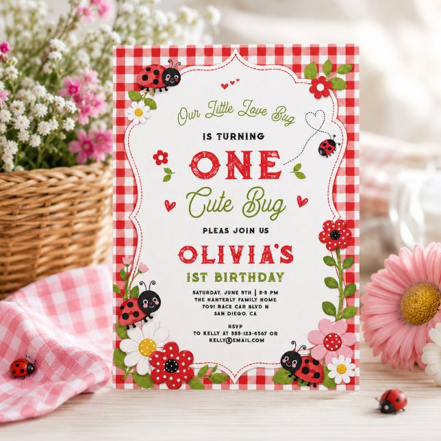 Invitation Fête d'anniversaire pour un premier anniversaire a (One Cute Bug Floral Ladybug 1st Birthday party Invitation
)