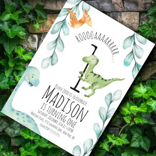 Invitation Fête d'anniversaire première année dinosaure aquar
