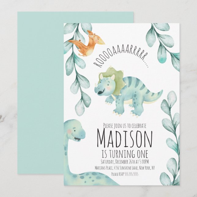 Invitation Fête d'anniversaire première dinosaure aquarelle b (Devant / Derrière)