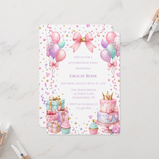 Invitation Fête d'anniversaire Princesse Confetti (Devant/Arrière en situation)