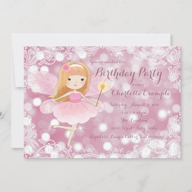 Invitation Fête d'anniversaire Princesse Fée Rose pour Filles (Devant)