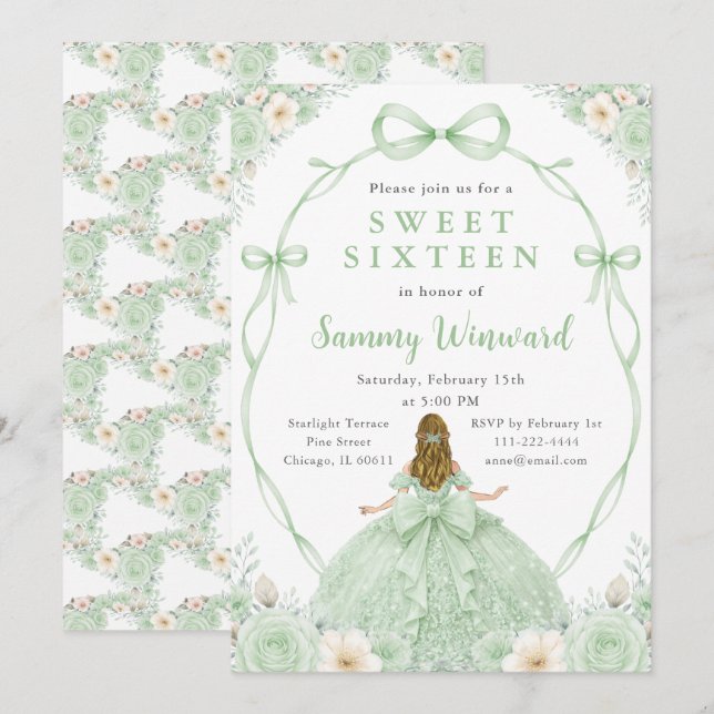 Invitation Fête d'anniversaire Princesse Florale Verte pour l (Devant / Derrière)