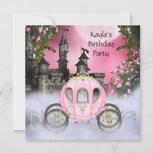 Invitation Fête d'anniversaire Princesse Roses Roses Carrosse (Devant)