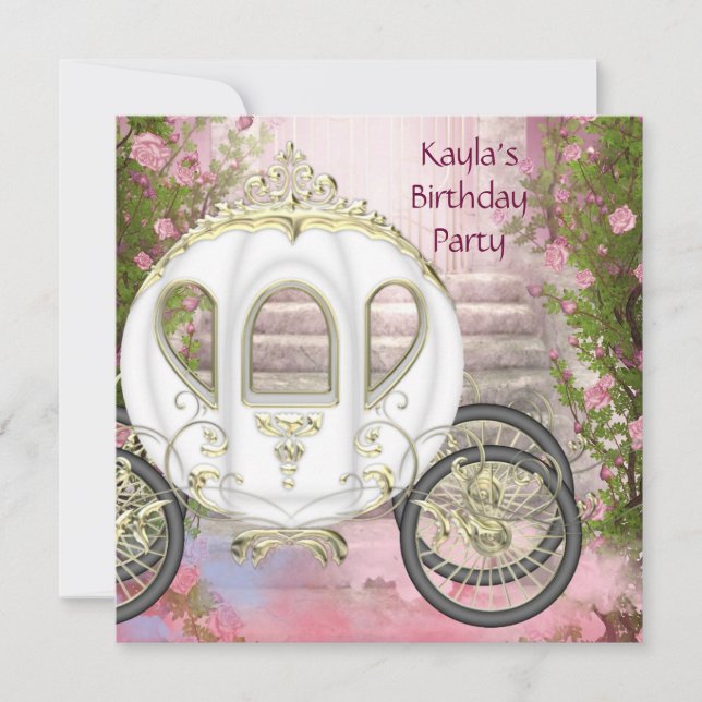 Invitation Fête d'anniversaire Princesse Roses Roses Carrosse (Devant)