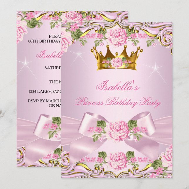 Invitation Fête d'anniversaire Princesse Roses Roses Fuschia  (Devant / Derrière)