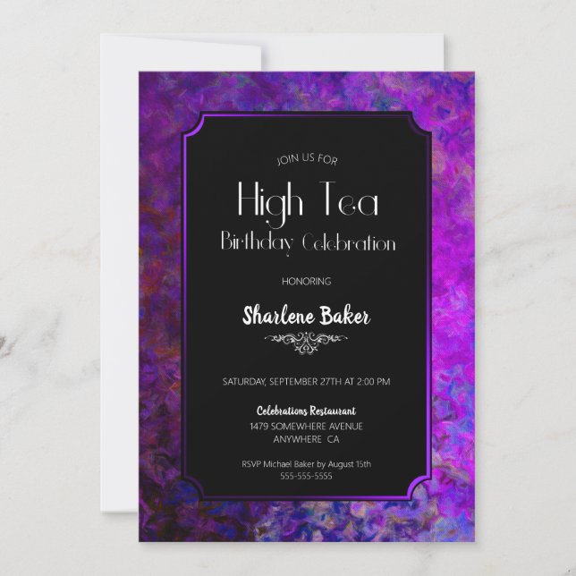 Invitation Fête d'anniversaire Purple et Black High Tea (Devant)