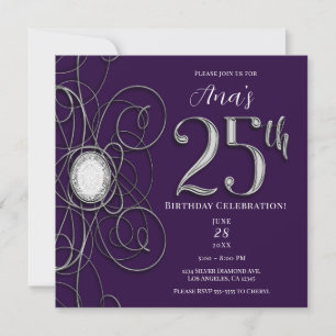 Invitation Fête d'anniversaire Purple & Silver Diamond 25 25