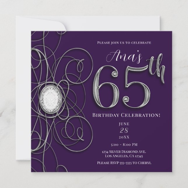 Invitation Fête d'anniversaire Purple & Silver Diamond 65 65  (Devant)