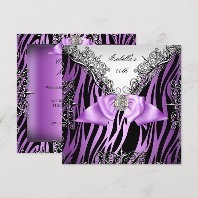 Invitation Fête d'anniversaire Purple Silver White Black Zebr (Devant / Derrière)