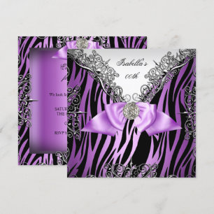 Invitation Fête d'anniversaire Purple Silver White Black Zebr