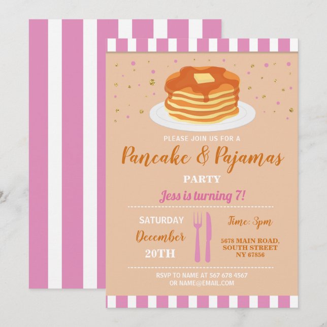 Invitation Fête d'anniversaire Pyjama et Crêpes Soirée Pyjama (Devant / Derrière)
