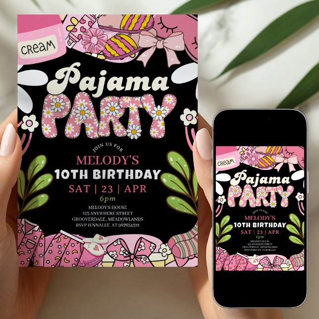 Invitation Fête d'anniversaire pyjama Fleur Daisy rose et noi (Créateur téléchargé)
