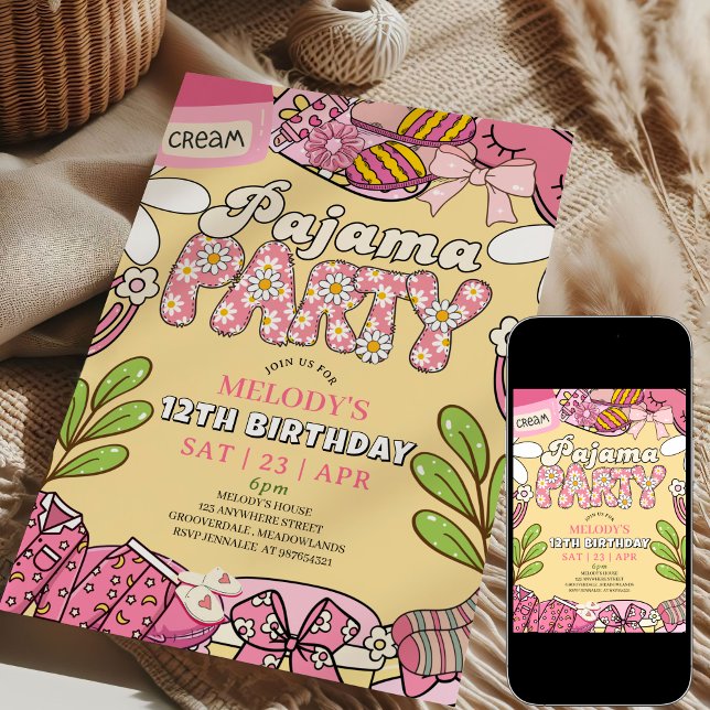 Invitation Fête d'anniversaire pyjama Fleur Pâquerette rose e (Créateur téléchargé)