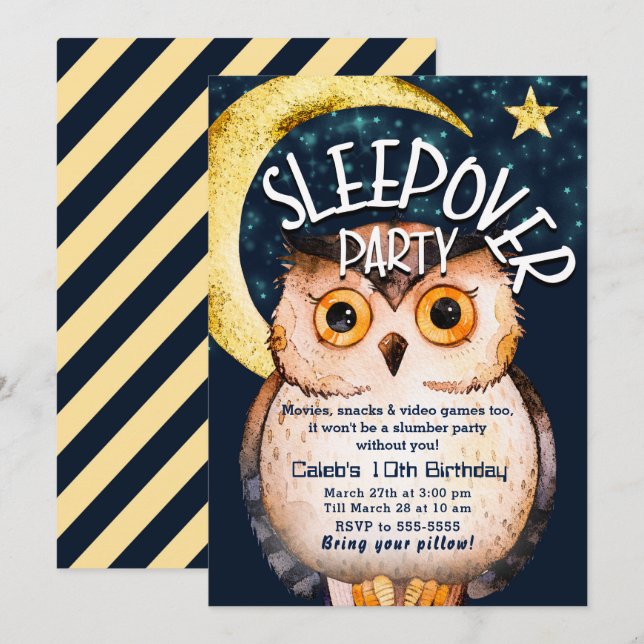 Invitation Fête d'anniversaire pyjama mignonne chouette noctu (Devant / Derrière)